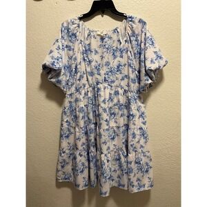 Entro Women Blue Floral Tiered Babydoll Dress Size L Puff Sleeve